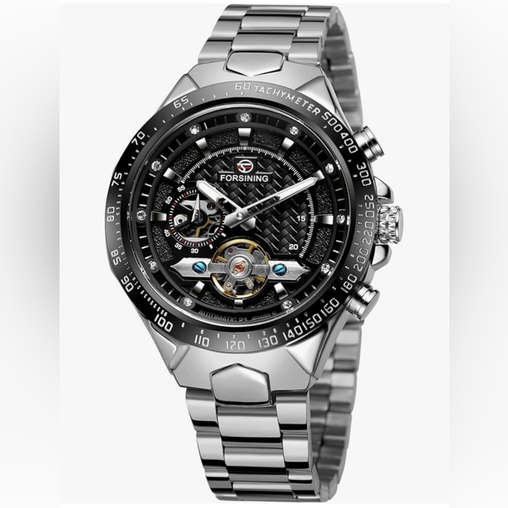 FORSINING Mens Tourbillon Self-Wind Mechanical Automatic Stainless Steel Watch